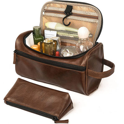 Flexibility Brown Hanging Toiletry Makeup Bag For Women Pu Mens Leather Shave Bag