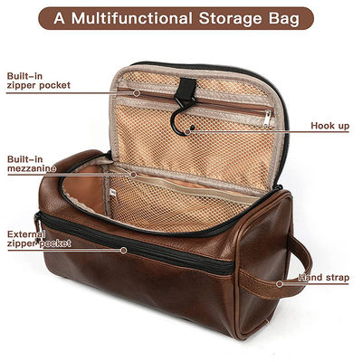Flexibility Brown Hanging Toiletry Makeup Bag For Women Pu Mens Leather Shave Bag