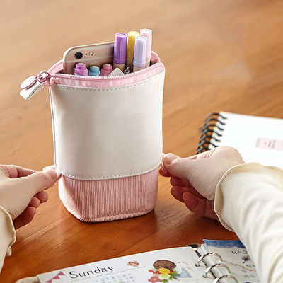 Telescopic Stationery Zipper Pencil Cases , Purple PU Corduroy Pencil Case