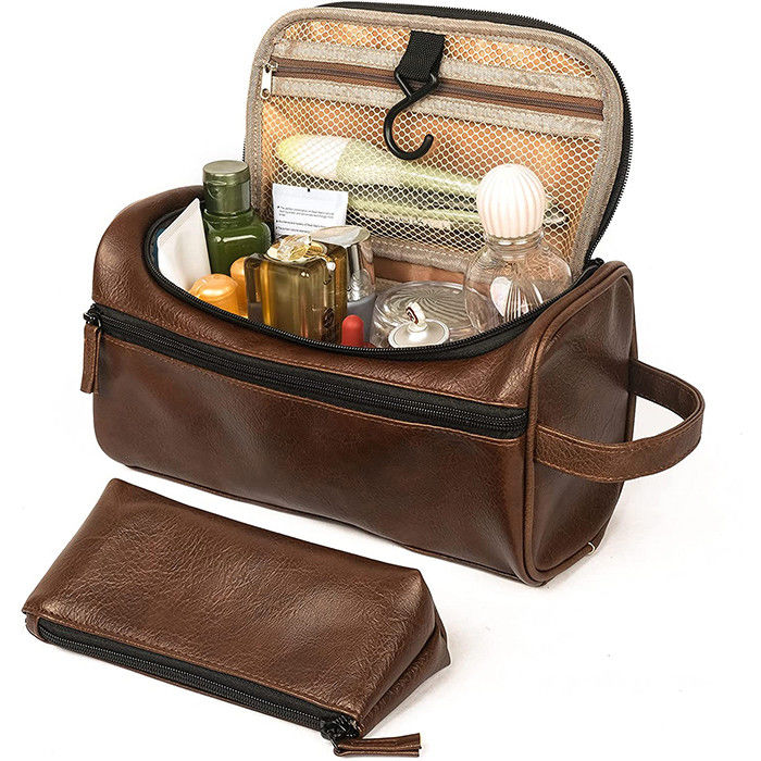 Flexibility Brown Hanging Toiletry Makeup Bag For Women Pu Mens Leather Shave Bag